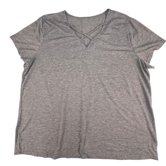 3X Heathered Gray Criss Cross V Neck Tee Crossover Neck Short Sleeve Knit Top - Picture 5 of 8
